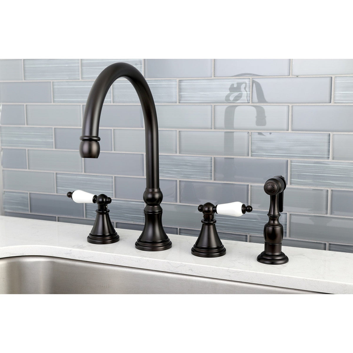 Governor Double-Handle Widespread Kitchen Faucet with Brass Sprayer in Oil Rubbed Bronze