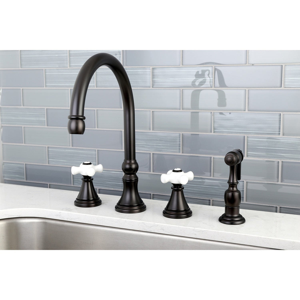 Governor Double-Handle Widespread Kitchen Faucet with Brass Sprayer in Oil Rubbed Bronze
