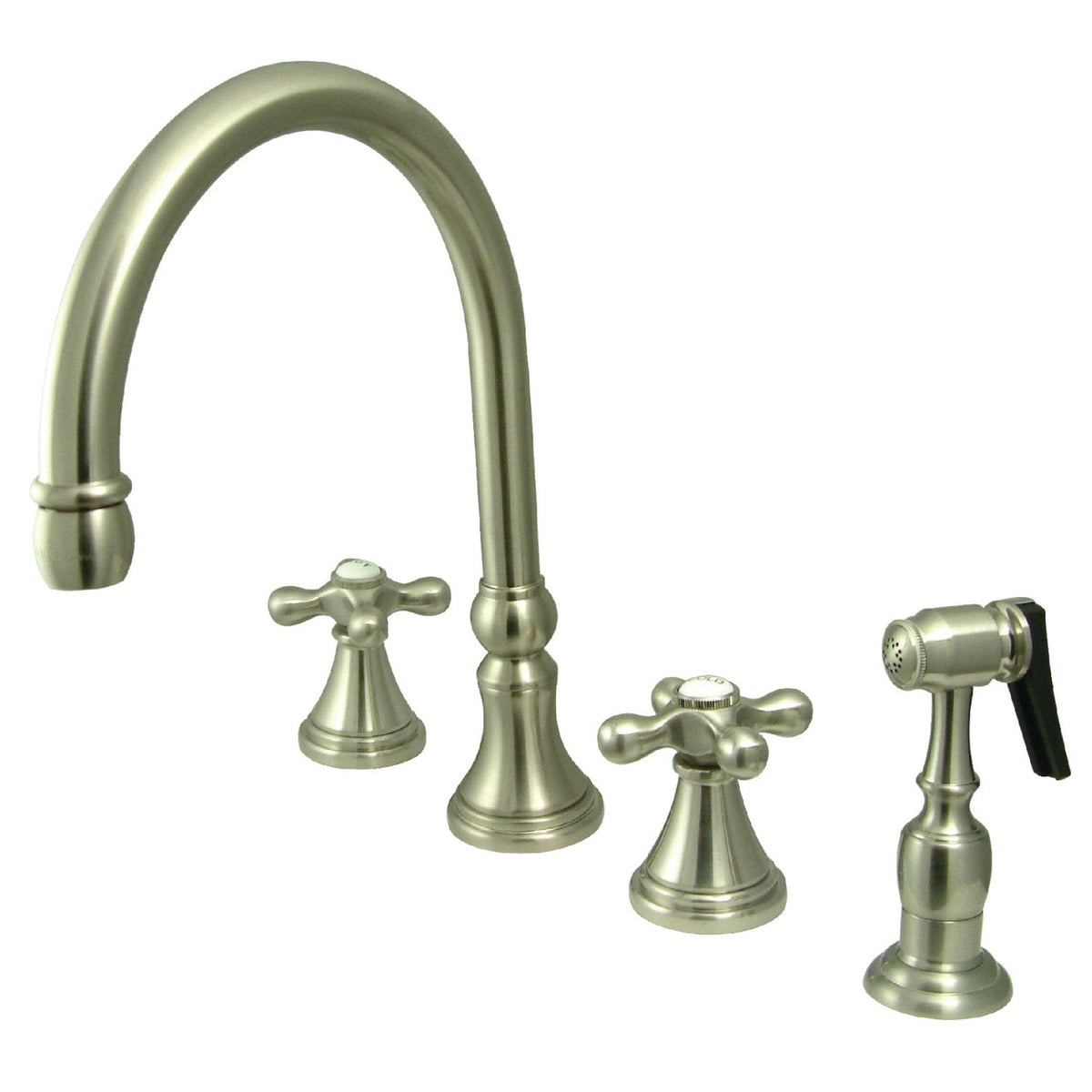 Governor Double-Handle Widespread Kitchen Faucet with Brass Sprayer in Brushed Nickel