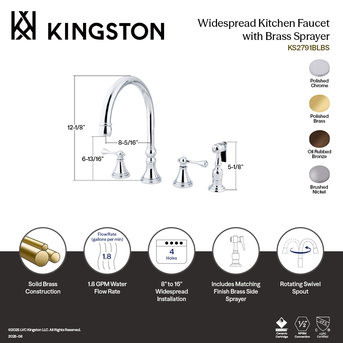 Governor Double-Handle Widespread Kitchen Faucet with Brass Sprayer in Brushed Nickel
