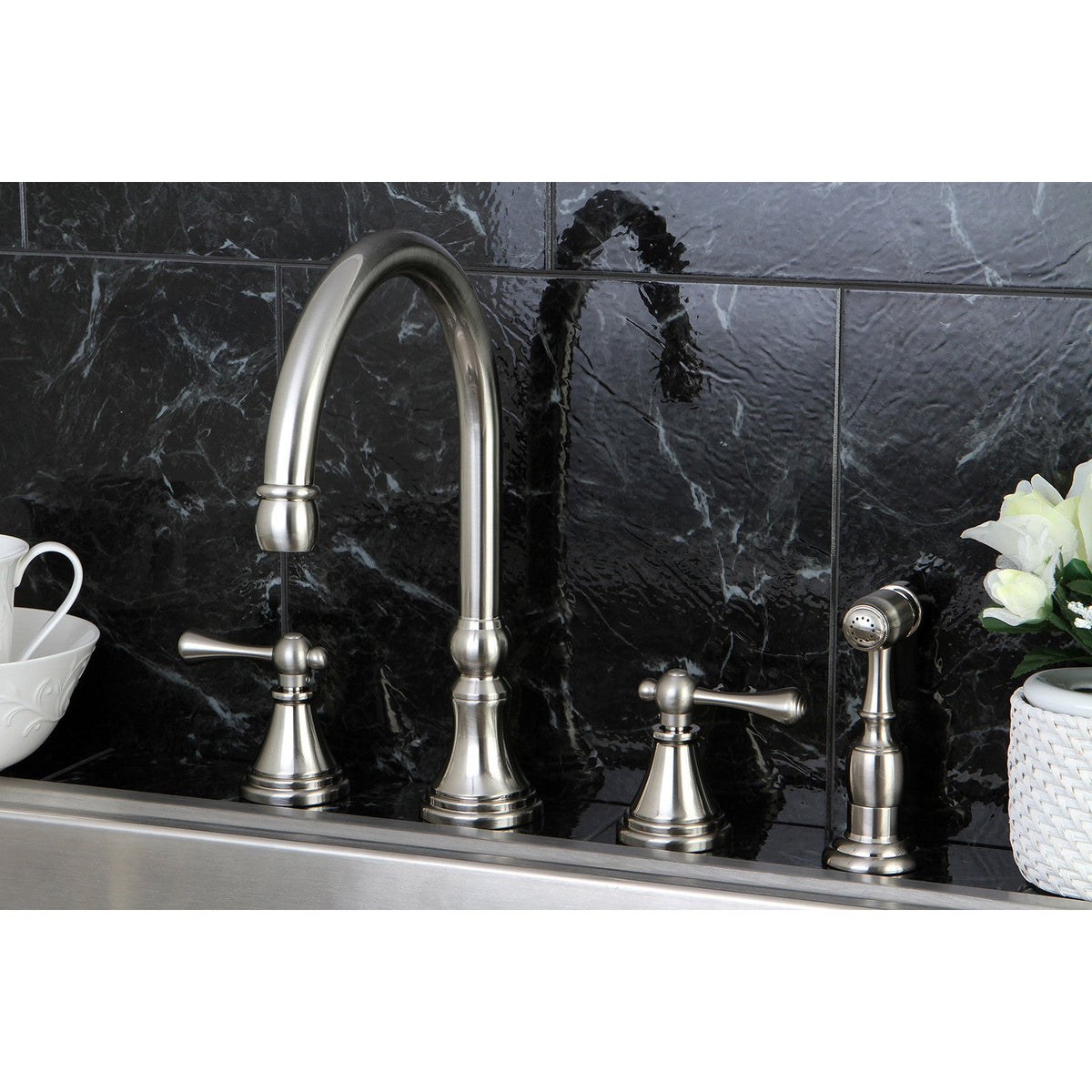 Governor Double-Handle Widespread Kitchen Faucet with Brass Sprayer in Brushed Nickel