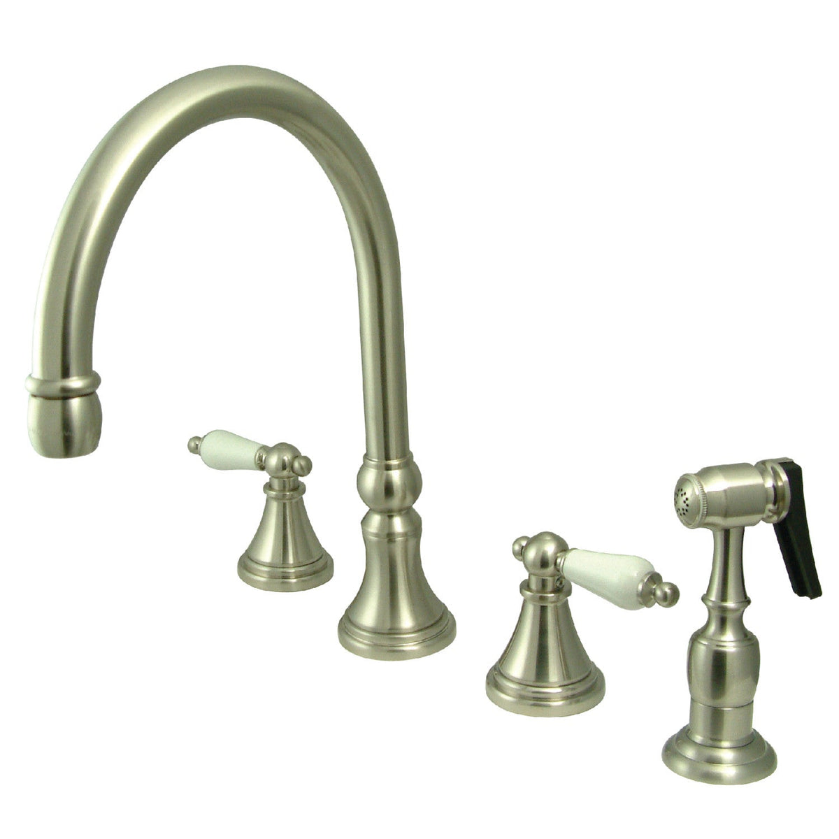 Governor Double-Handle Widespread Kitchen Faucet with Brass Sprayer in Brushed Nickel
