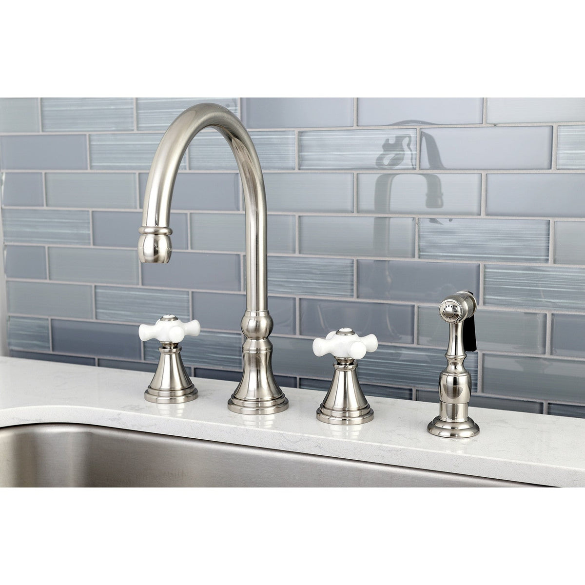 Governor Double-Handle Widespread Kitchen Faucet with Brass Sprayer in Brushed Nickel