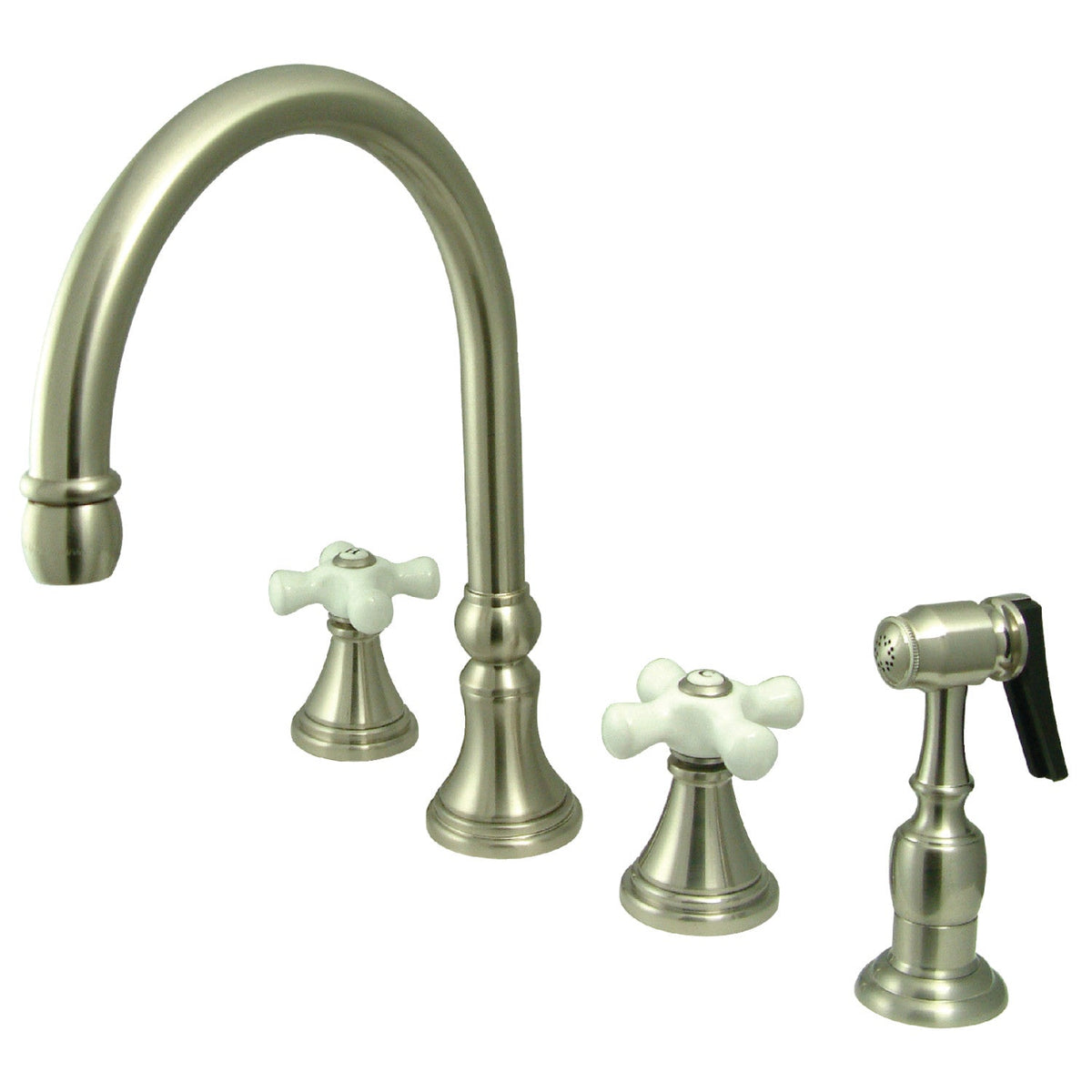 Governor Double-Handle Widespread Kitchen Faucet with Brass Sprayer in Brushed Nickel