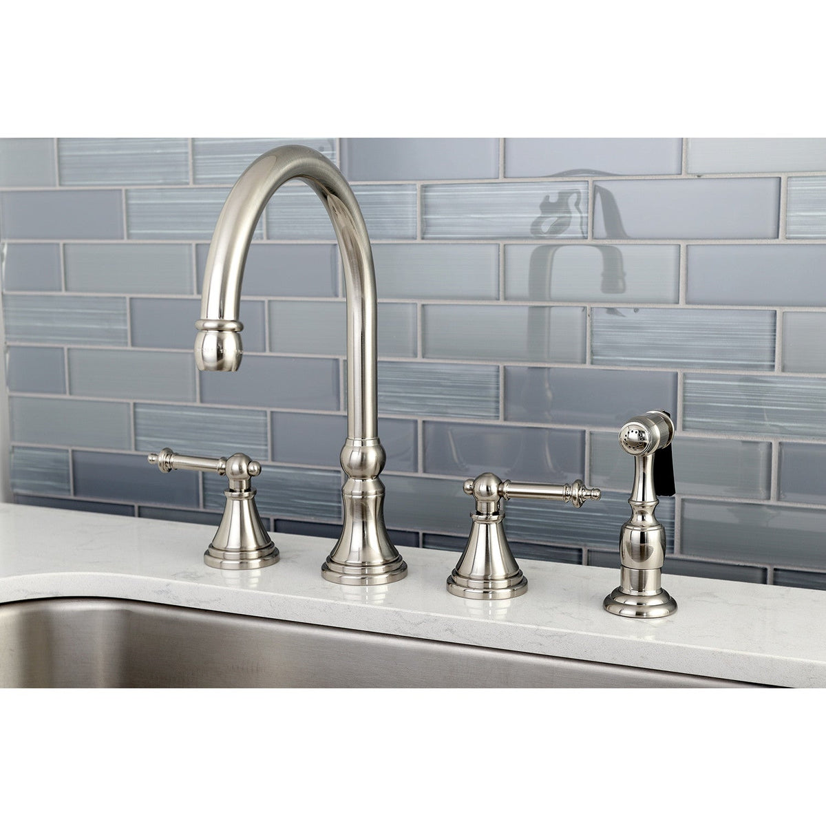Templeton Double-Handle Widespread Kitchen Faucet with Brass Sprayer in Brushed Nickel