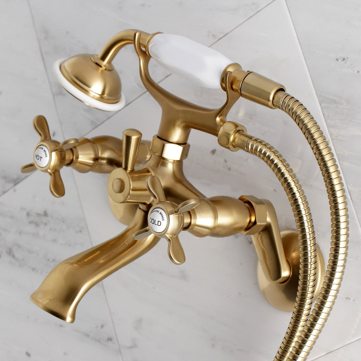 Essex Wall Mount Clawfoot Tub Faucet with Hand Shower in Brushed Brass
