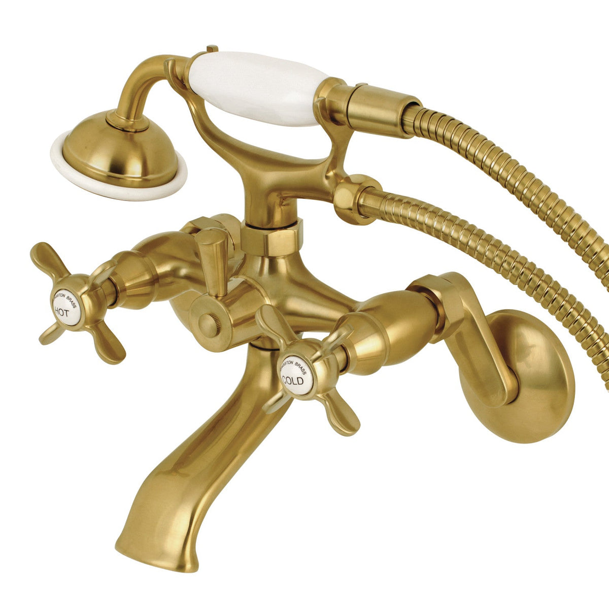 Essex Wall Mount Clawfoot Tub Faucet with Hand Shower in Brushed Brass