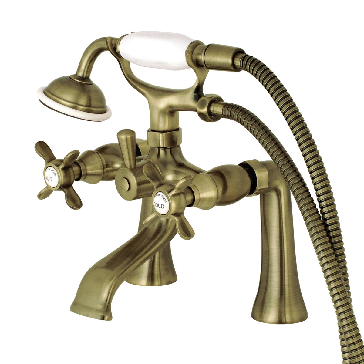 Essex 7" Center Deck-Mount Clawfoot Tub Faucet with Hand Shower in Antique Brass