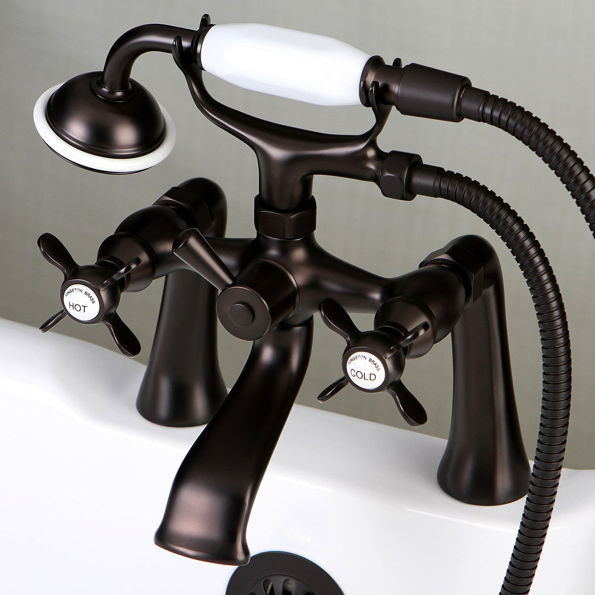 Essex 7" Center Deck-Mount Clawfoot Tub Faucet with Hand Shower in Oil Rubbed Bronze