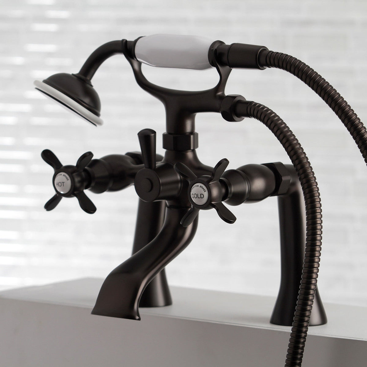 Essex 7" Center Deck-Mount Clawfoot Tub Faucet with Hand Shower in Oil Rubbed Bronze