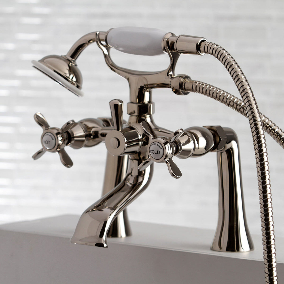 Essex 7" Center Deck-Mount Clawfoot Tub Faucet with Hand Shower in Polished Nickel