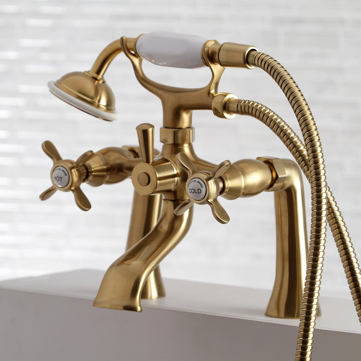Essex 7" Center Deck-Mount Clawfoot Tub Faucet with Hand Shower in Brushed Brass