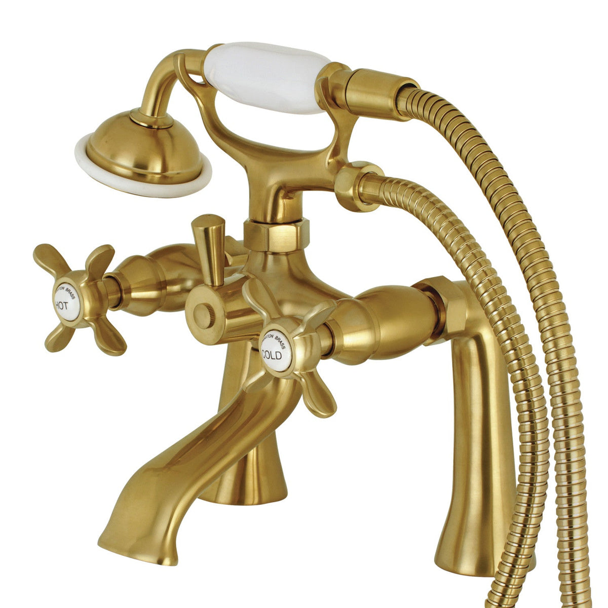 Essex 7" Center Deck-Mount Clawfoot Tub Faucet with Hand Shower in Brushed Brass