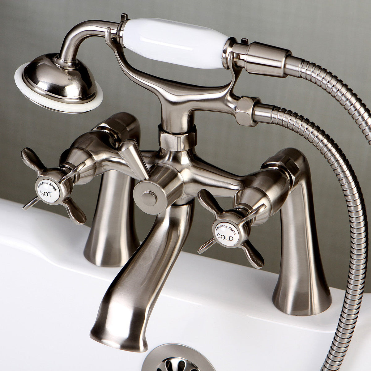 Essex 7" Center Deck-Mount Clawfoot Tub Faucet with Hand Shower in Brushed Nickel
