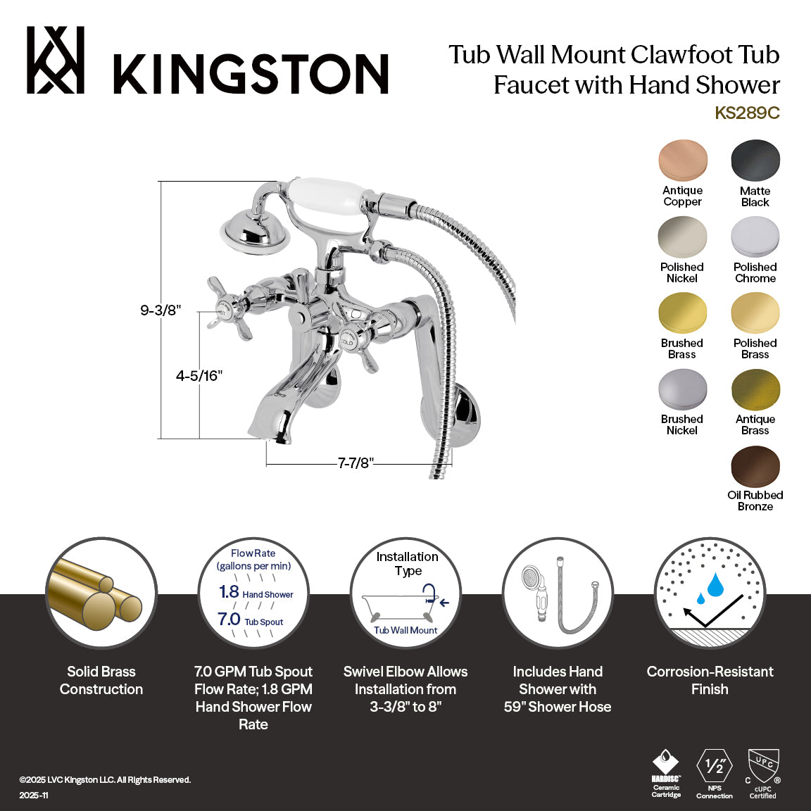 Kingston Tub Wall Mount Clawfoot Tub Faucet with Hand Shower in Matte Black