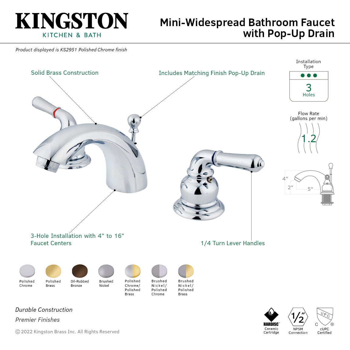 Naples Mini-Widespread Bathroom Faucet with Brass Pop-Up Drain in Polished Chrome/Polished Brass