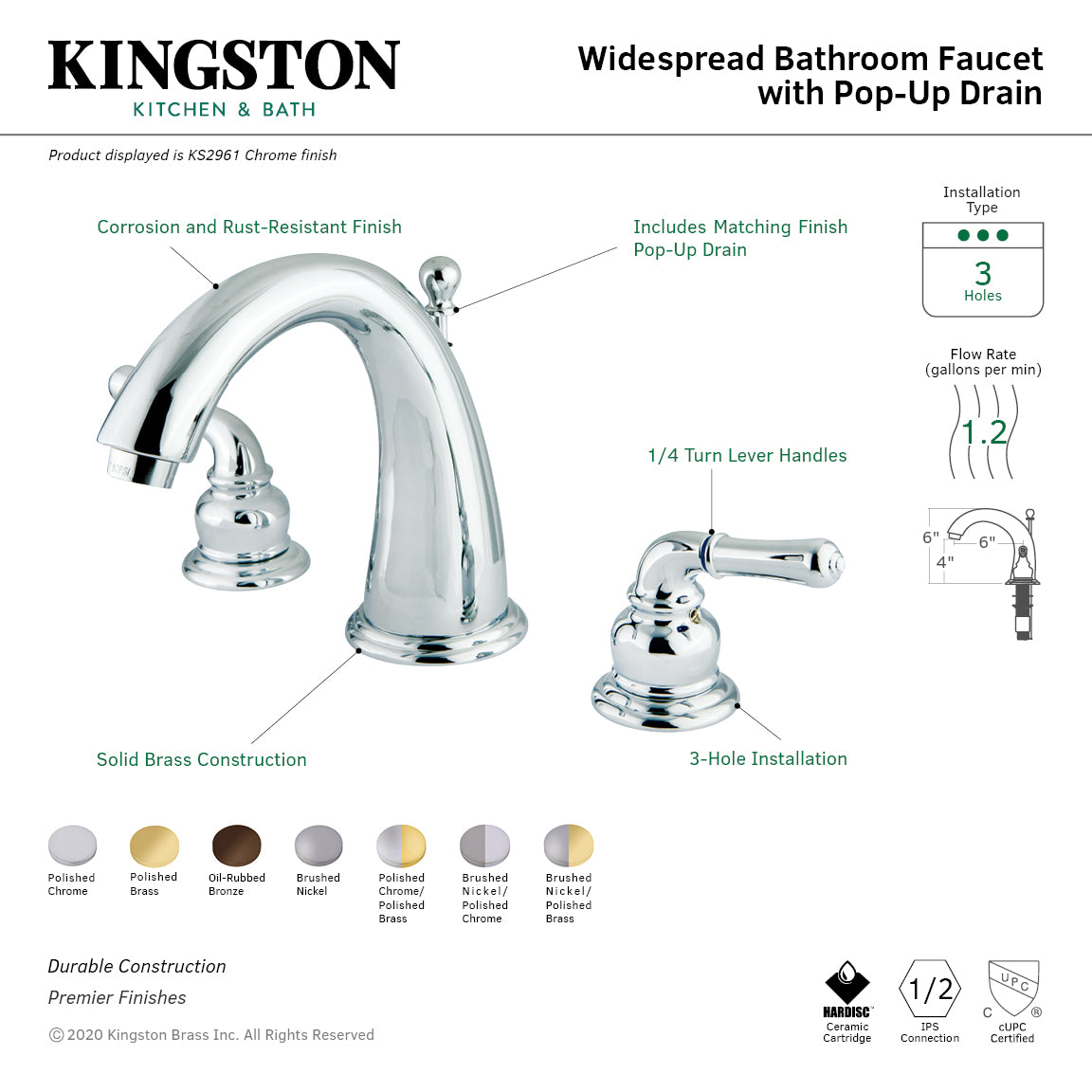 Naples Widespread Bathroom Faucet with Brass Pop-Up in Polished Brass