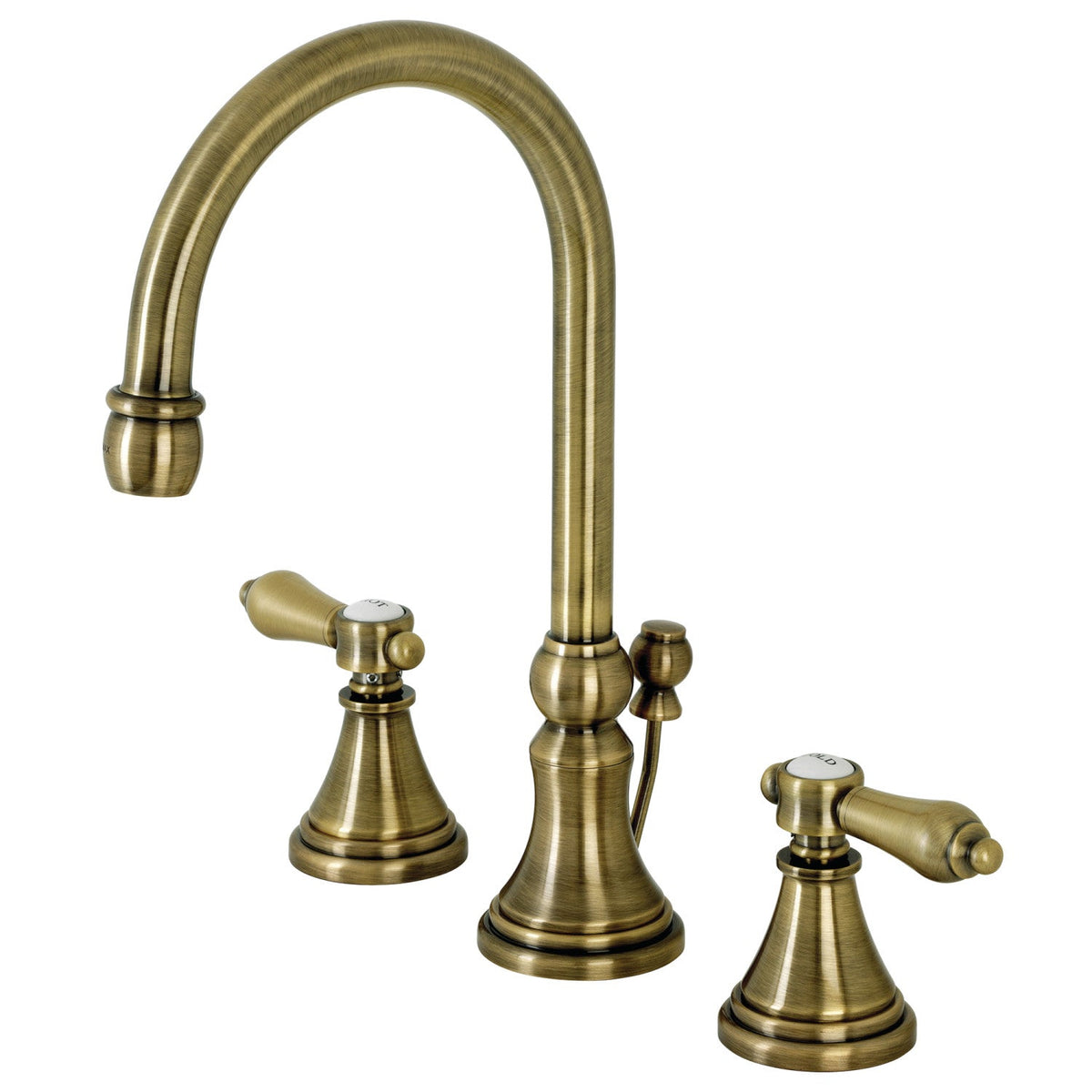 Heirloom Widespread Bathroom Faucet with Brass Pop-Up in Antique Brass