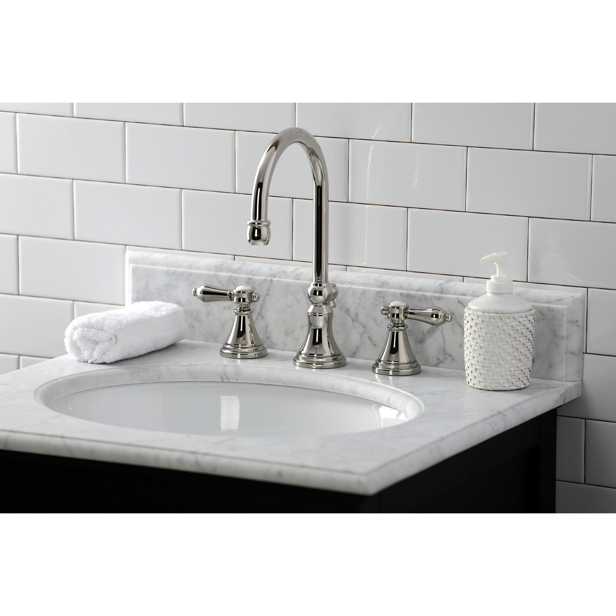 Heirloom Widespread Bathroom Faucet with Brass Pop-Up in Polished Nickel