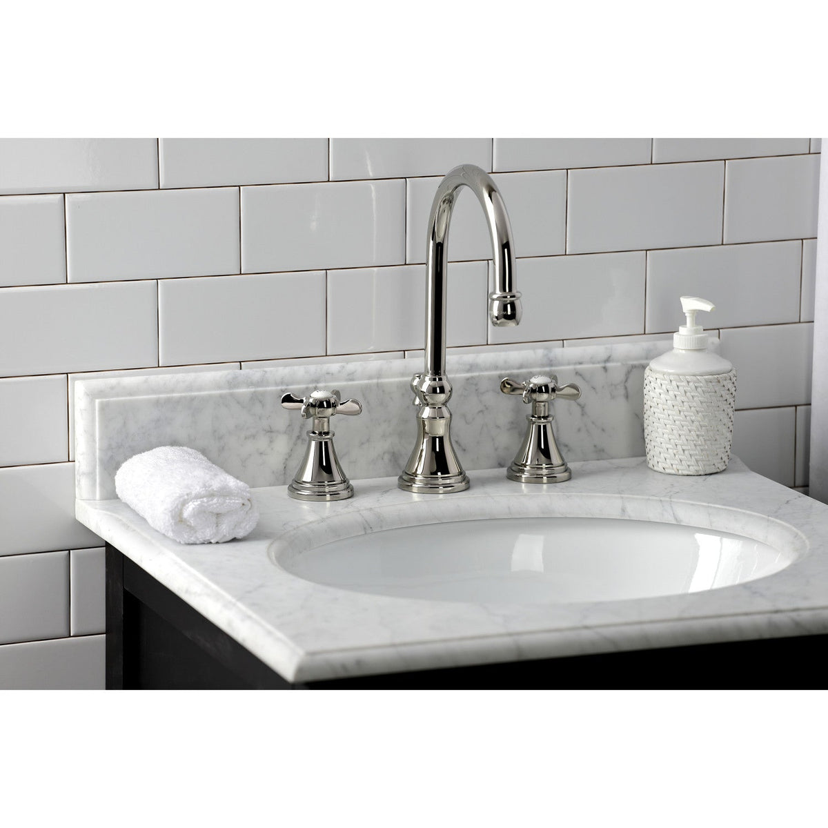 Essex Widespread Bathroom Faucet with Brass Pop-Up in Polished Nickel