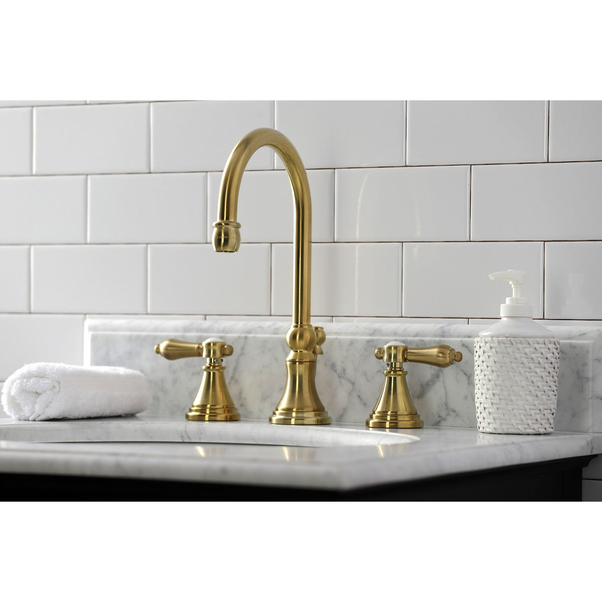 Heirloom Widespread Bathroom Faucet with Brass Pop-Up in Brushed Brass
