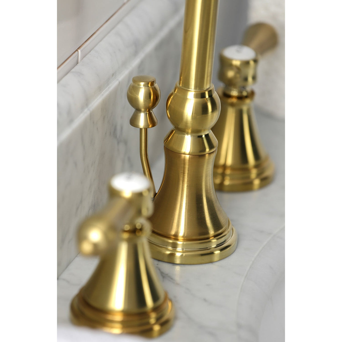 Heirloom Widespread Bathroom Faucet with Brass Pop-Up in Brushed Brass