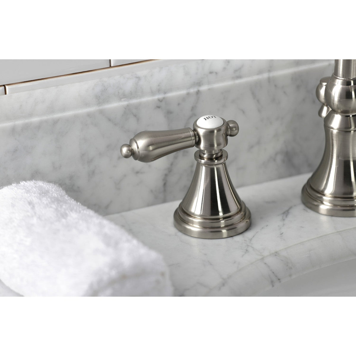 Heirloom Widespread Bathroom Faucet with Brass Pop-Up in Brushed Nickel