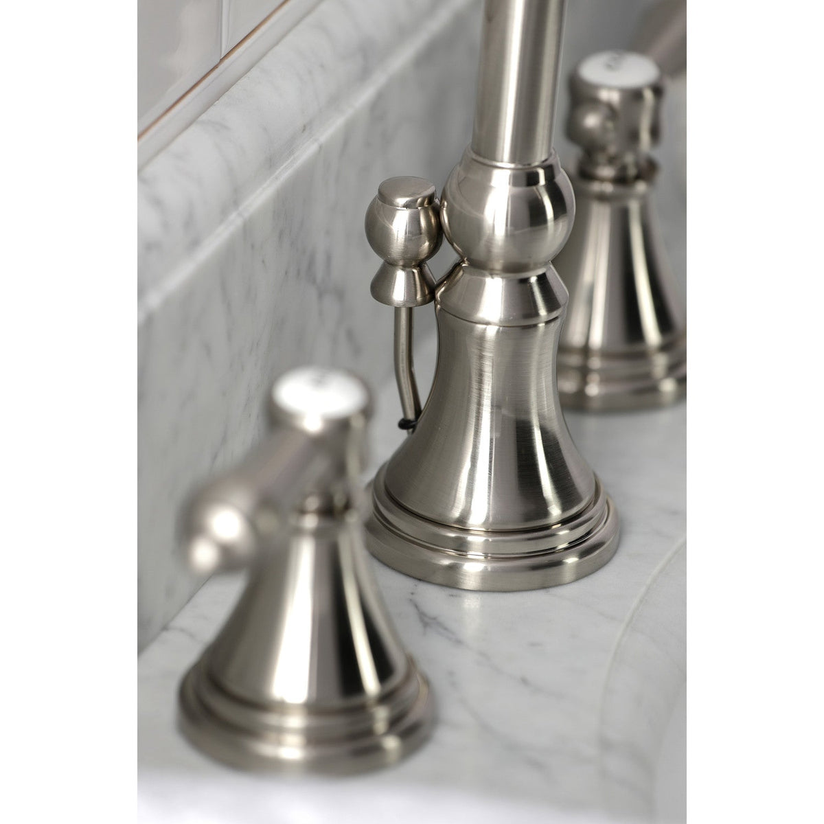 Heirloom Widespread Bathroom Faucet with Brass Pop-Up in Brushed Nickel