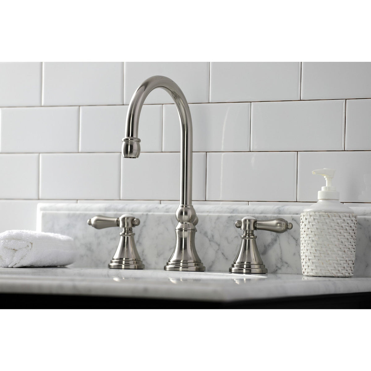 Heirloom Widespread Bathroom Faucet with Brass Pop-Up in Brushed Nickel