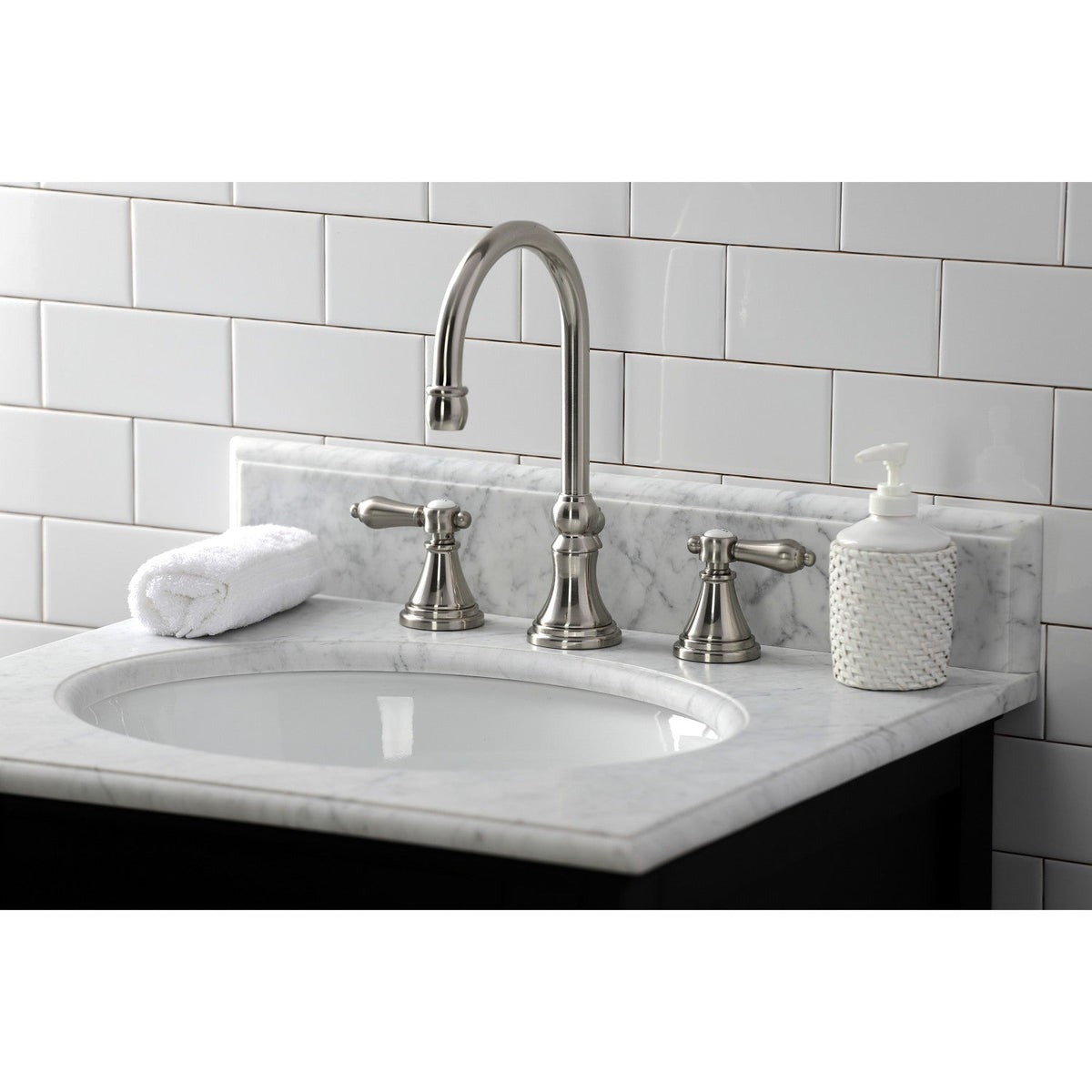 Heirloom Widespread Bathroom Faucet with Brass Pop-Up in Brushed Nickel