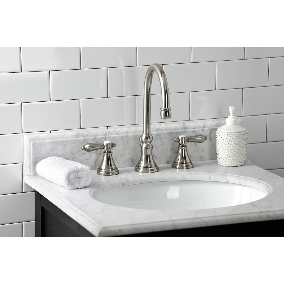 Heirloom Widespread Bathroom Faucet with Brass Pop-Up in Brushed Nickel