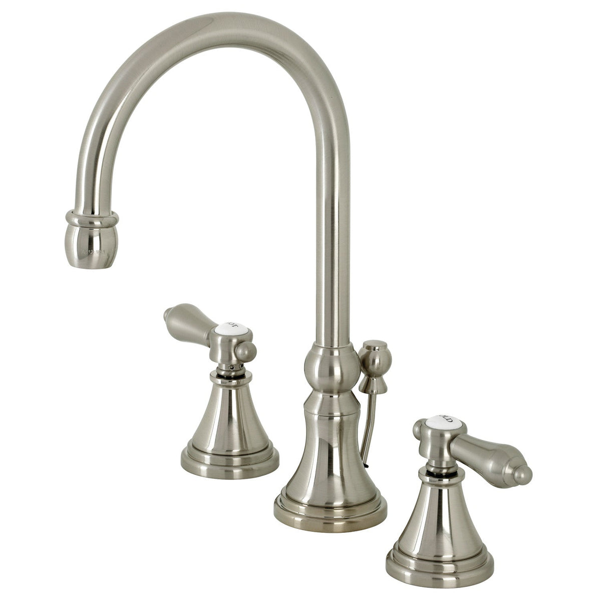 Heirloom Widespread Bathroom Faucet with Brass Pop-Up in Brushed Nickel