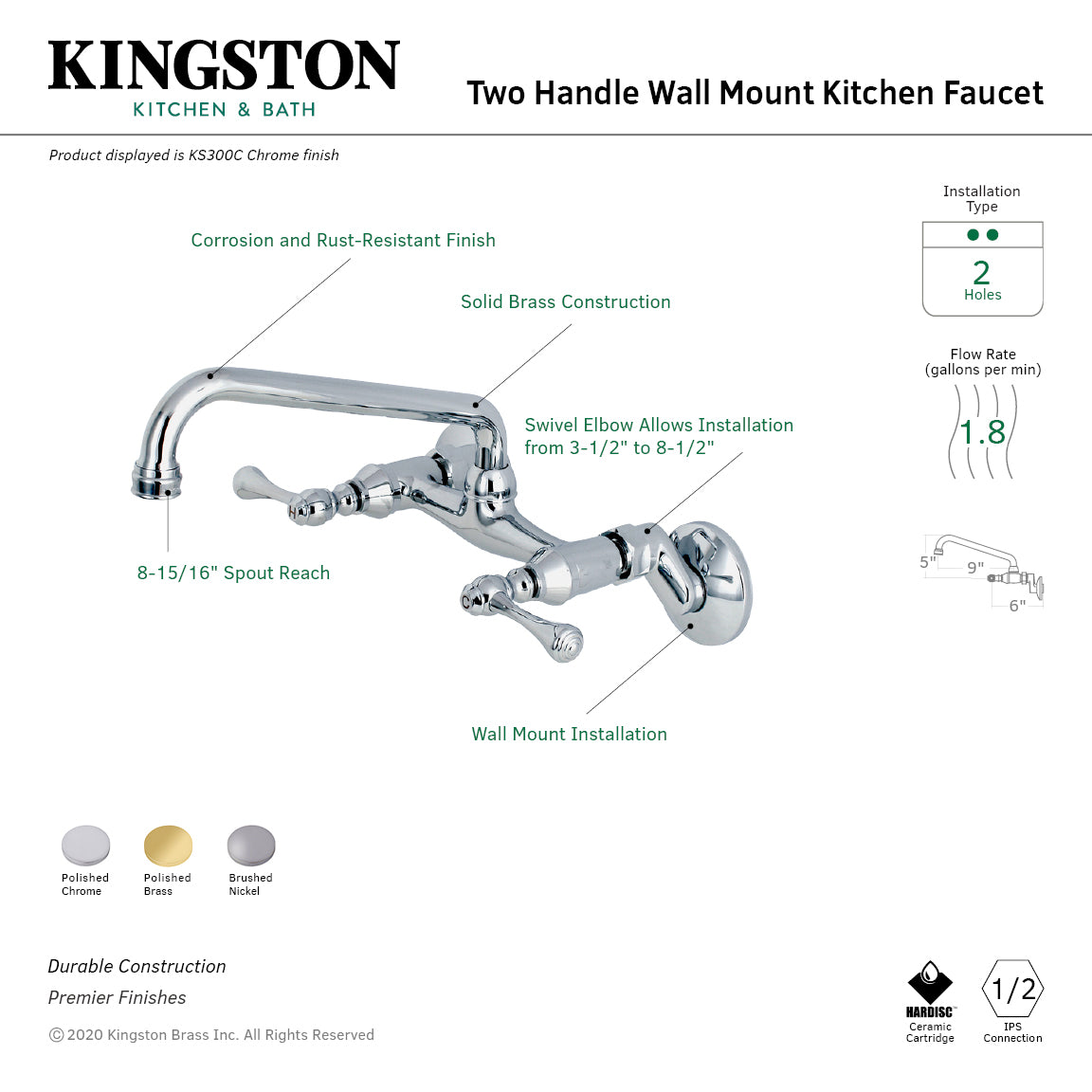 Kingston Double-Handle Wall-Mount Bridge Kitchen Faucet in Polished Chrome