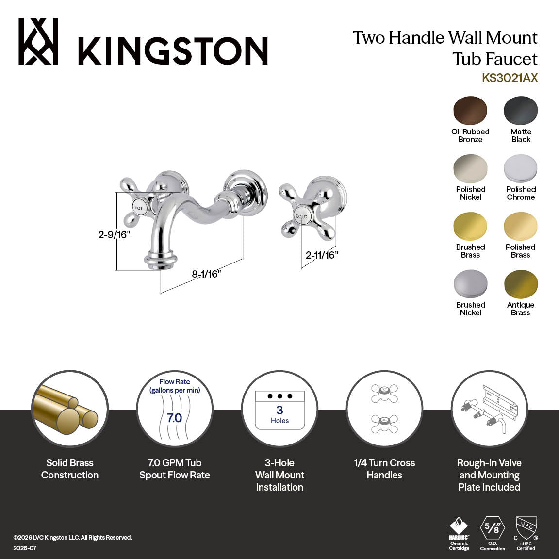 Restoration Two-Handle Wall Mount Roman Tub Faucet in Brushed Brass