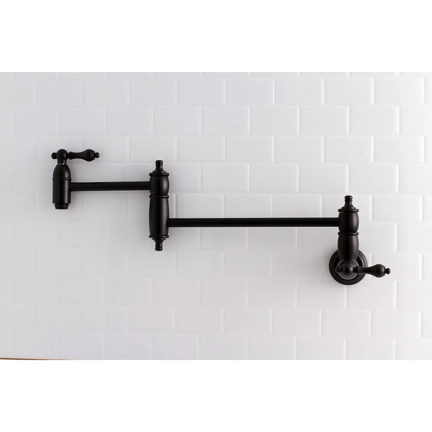 Matte black wall-mount pot filler faucet with extended arm and wall connections