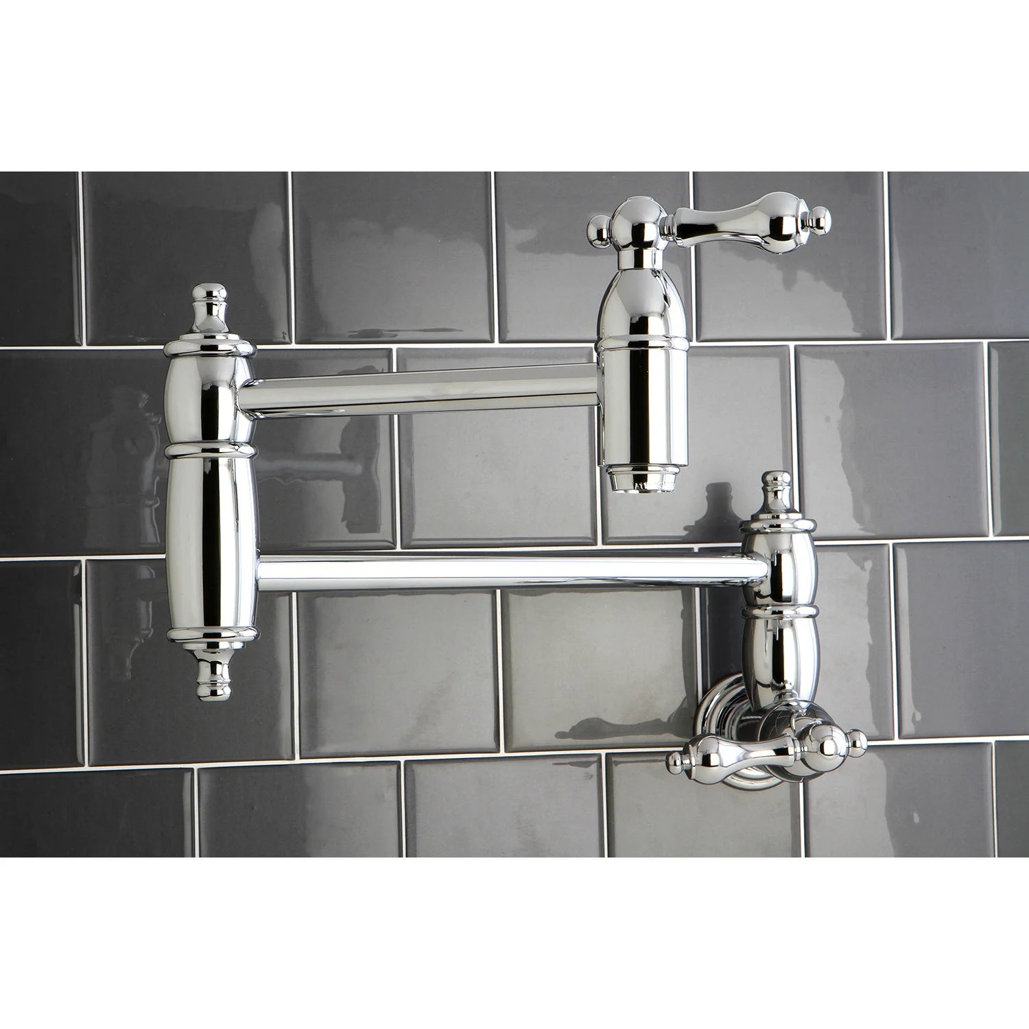 Polished chrome wall-mount pot filler faucet with two lever valves and spout