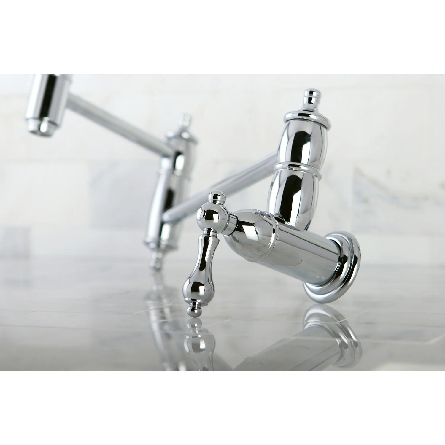 Polished chrome pot filler faucet close-up of curved spout and mounting hardware