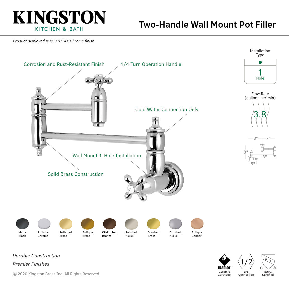 Restoration Wall Mount Pot Filler Faucet in Polished Chrome
