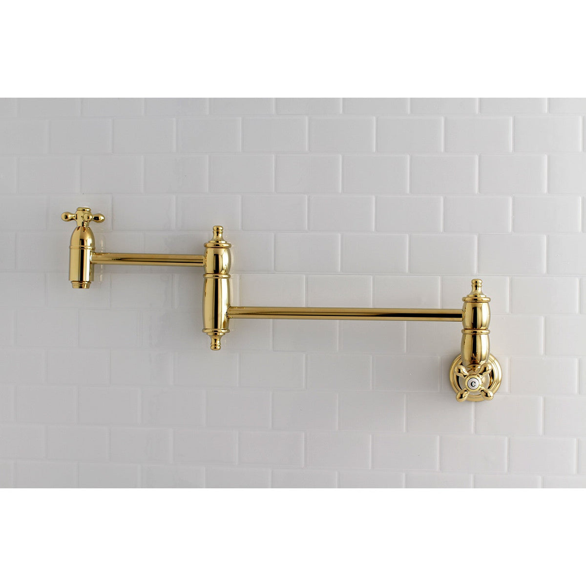 Restoration Wall Mount Pot Filler Faucet in Polished Brass