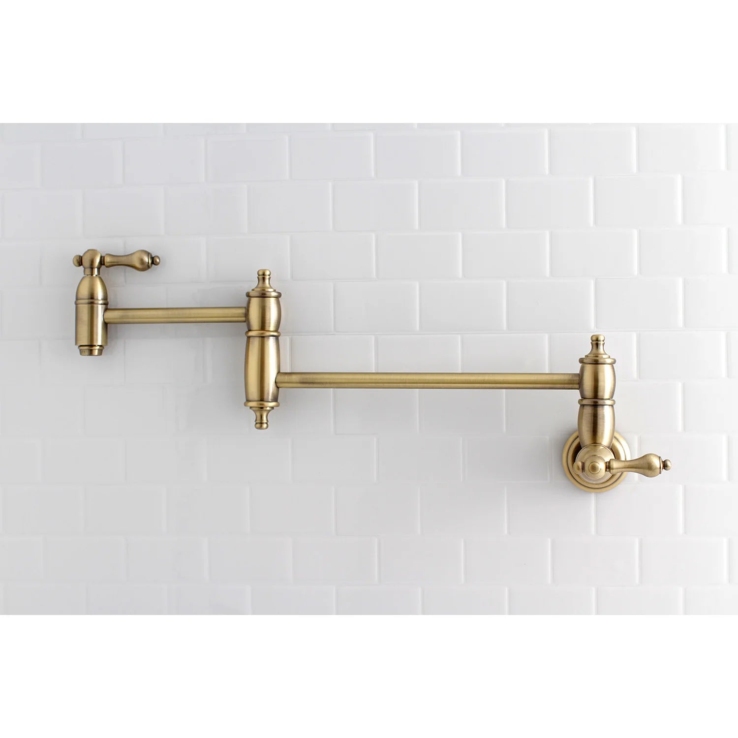 Antique brass wall-mount pot filler faucet, long bar spout and 2 valve handles