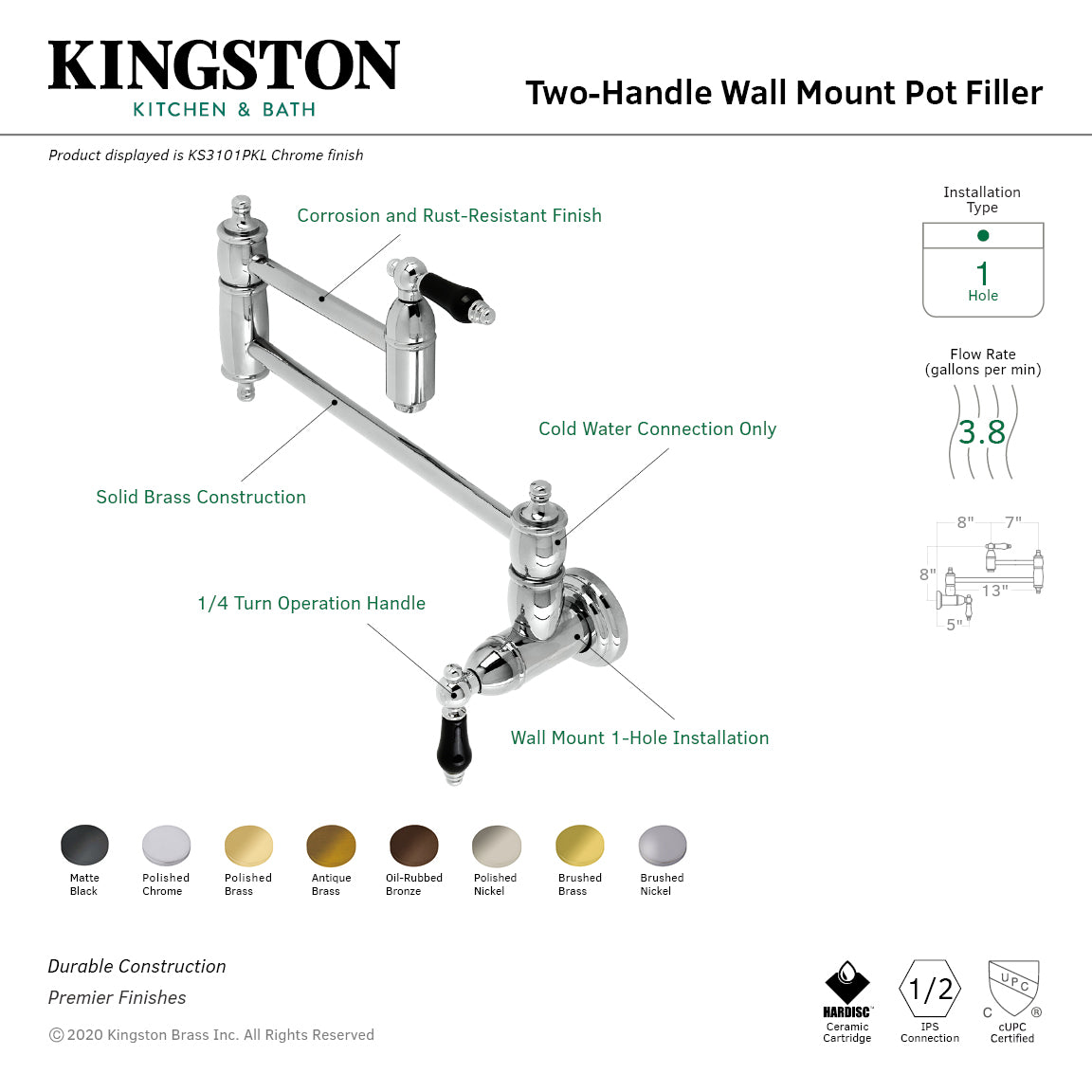 Duchess Wall Mount Pot Filler Faucet in Antique Brass