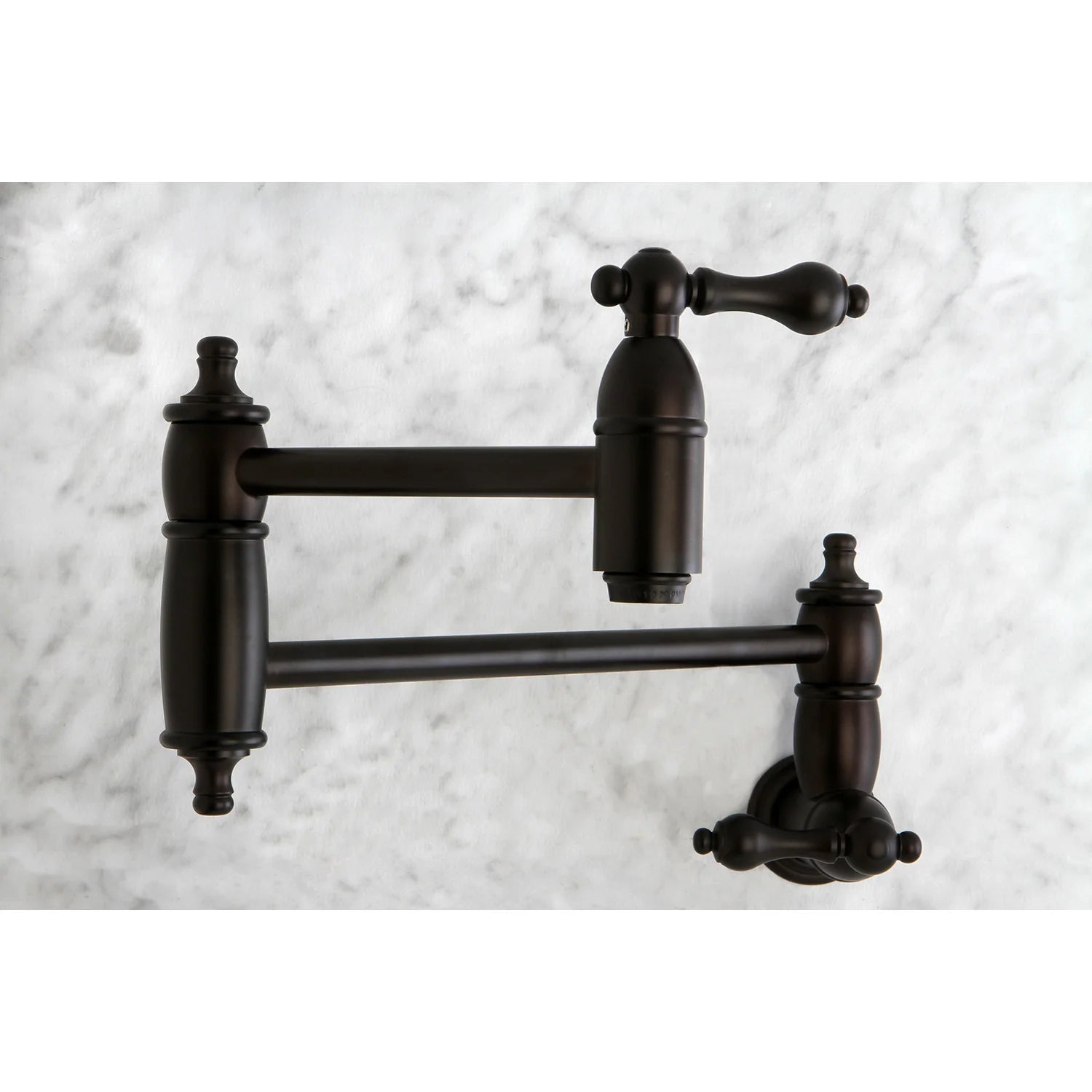 Oil-rubbed bronze wall-mount pot filler faucet with dual levers and long arms