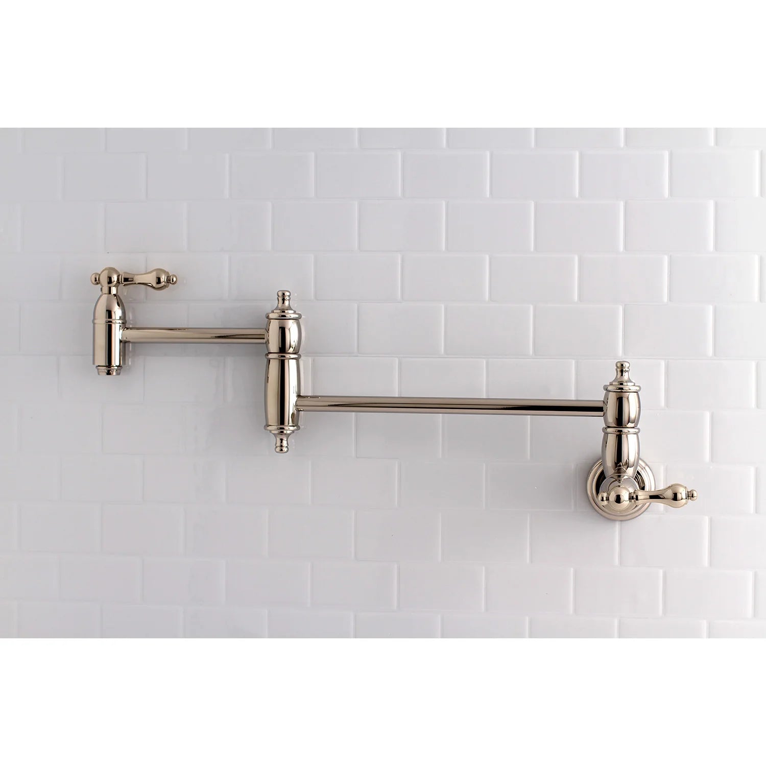 Polished nickel wall-mounted pot filler faucet set with two valves on long arms