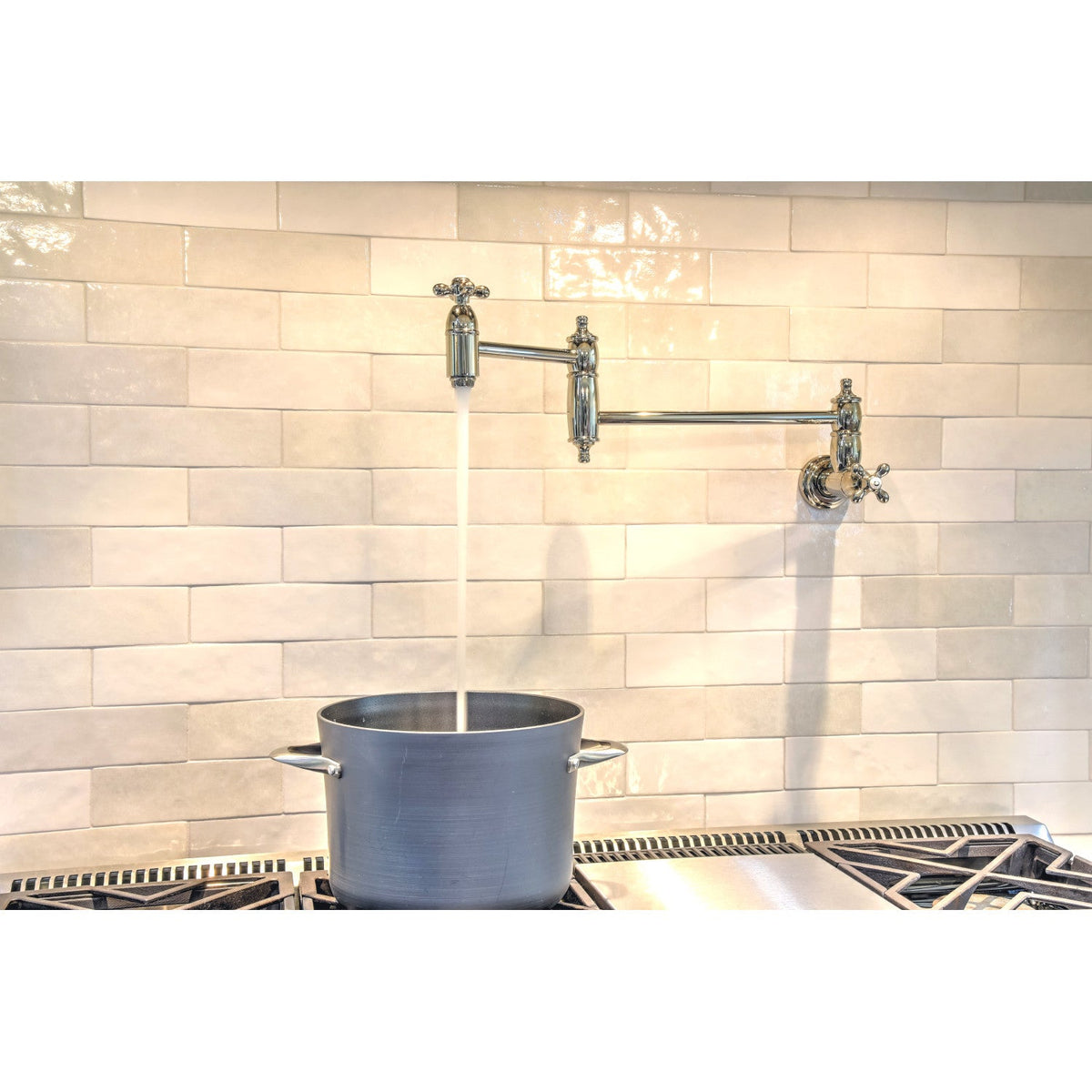 Restoration Wall Mount Pot Filler Faucet in Polished Nickel