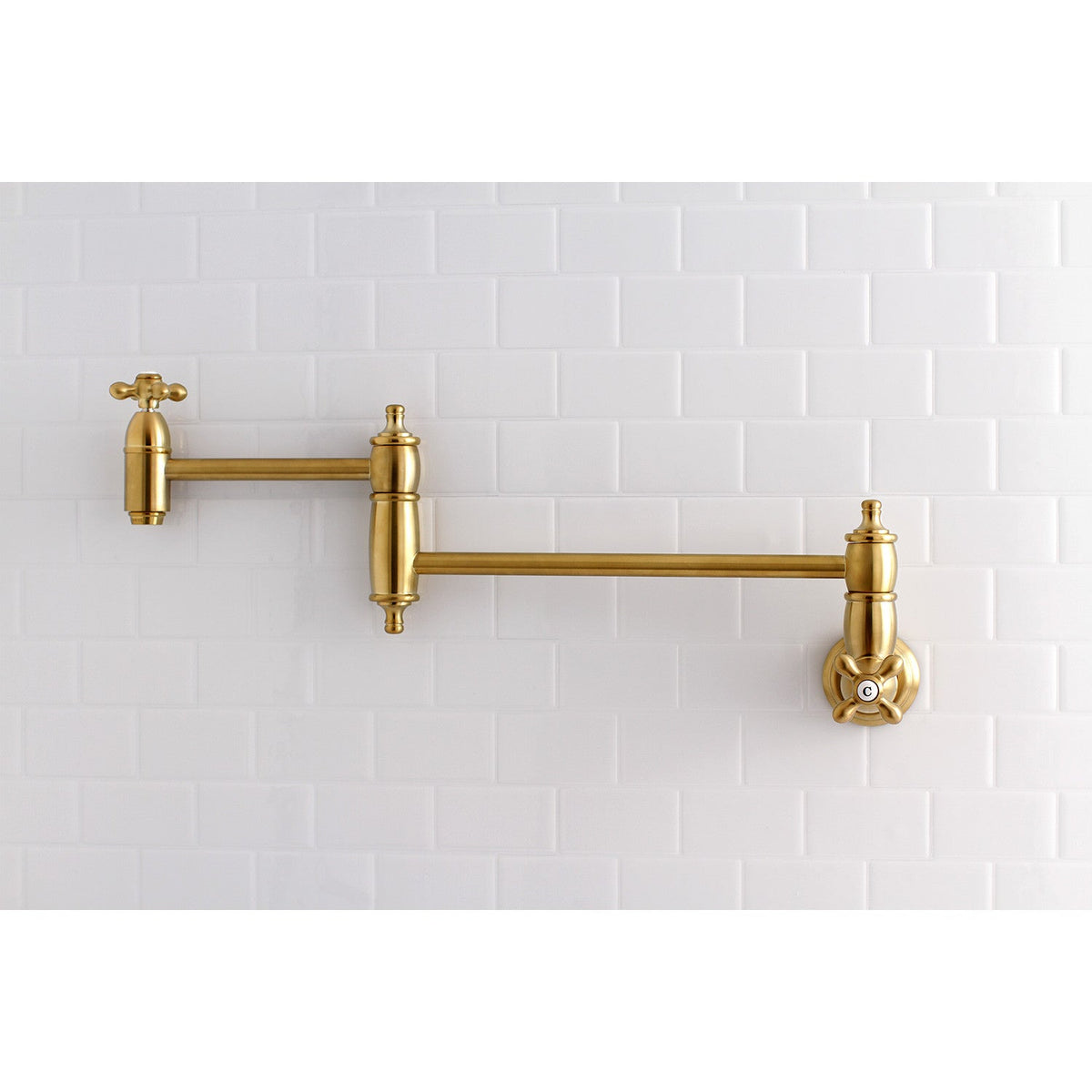 Restoration Wall Mount Pot Filler Faucet in Brushed Brass