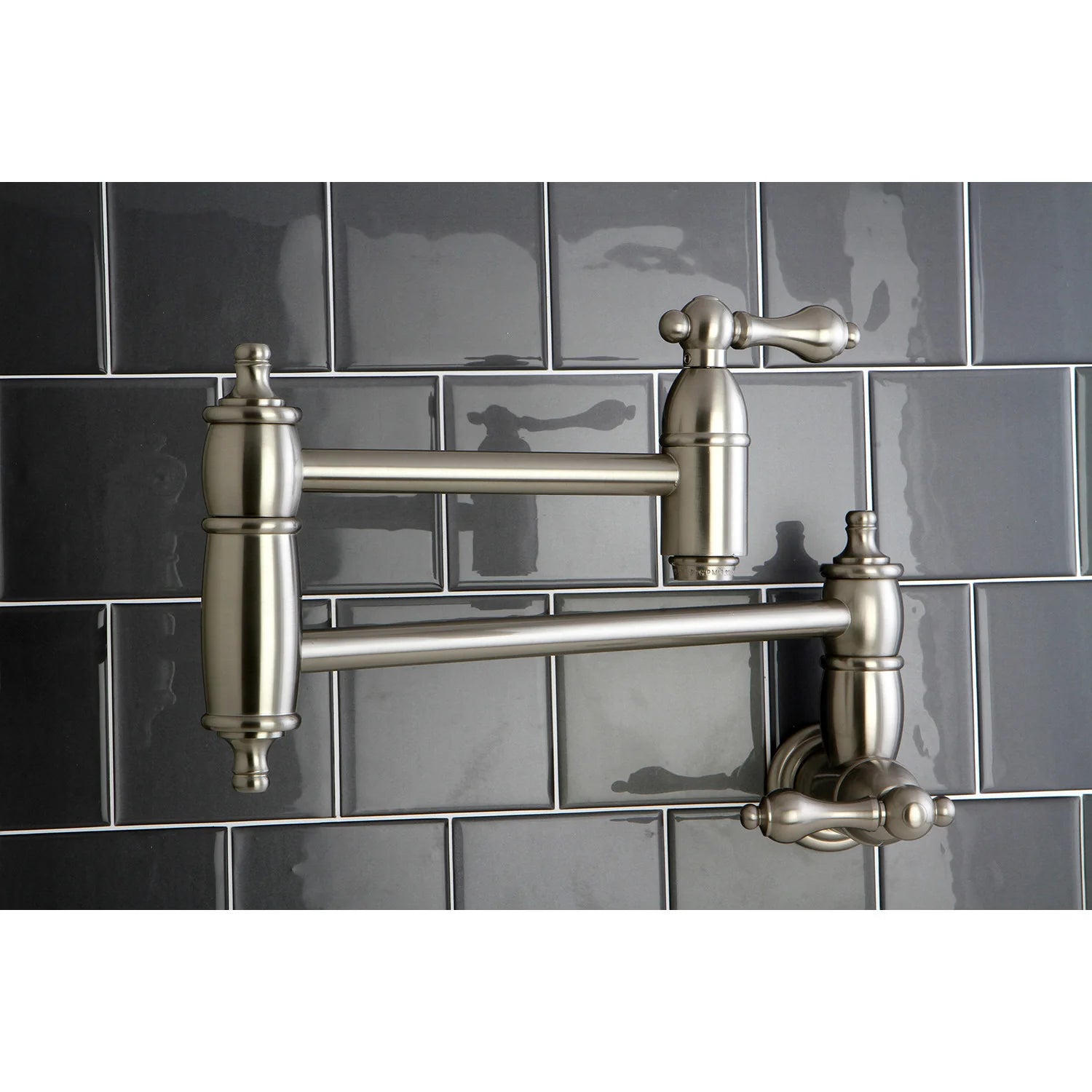 Wall-mounted pot filler faucet in brushed nickel with twin outlets and center spout
