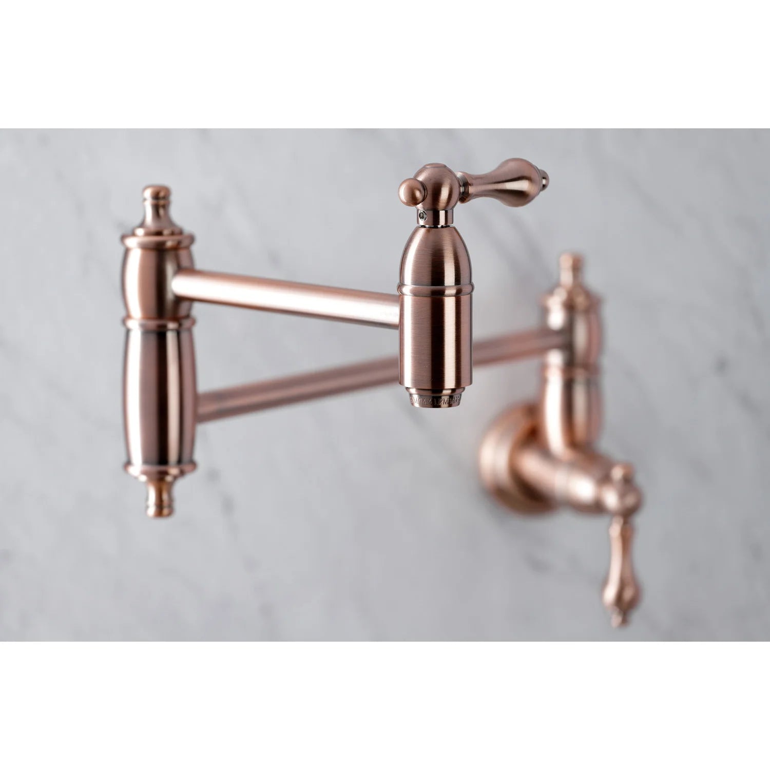 Antique copper wall-mount pot filler faucet with lever handle, cross bars, and outlet valves