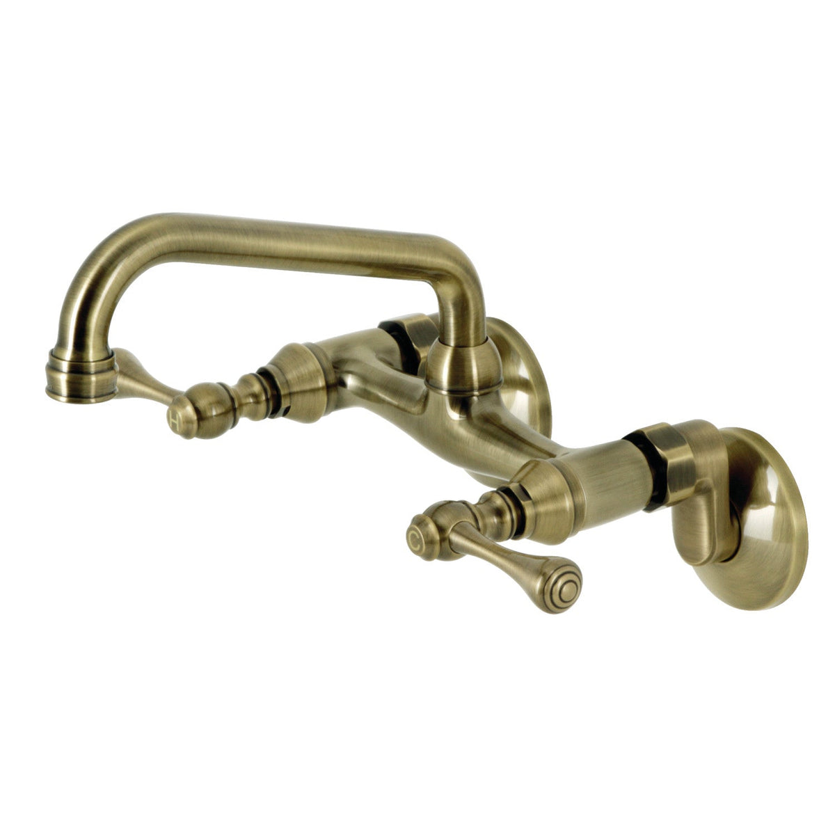 Kingston Double-Handle Wall-Mount Bridge Kitchen Faucet in Antique Brass