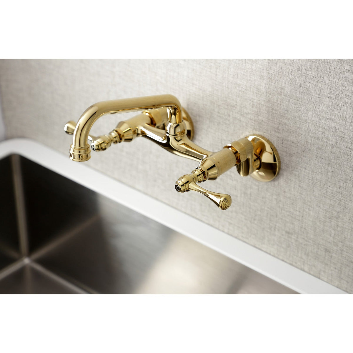 Kingston Double-Handle Wall-Mount Bridge Kitchen Faucet in Polished Brass