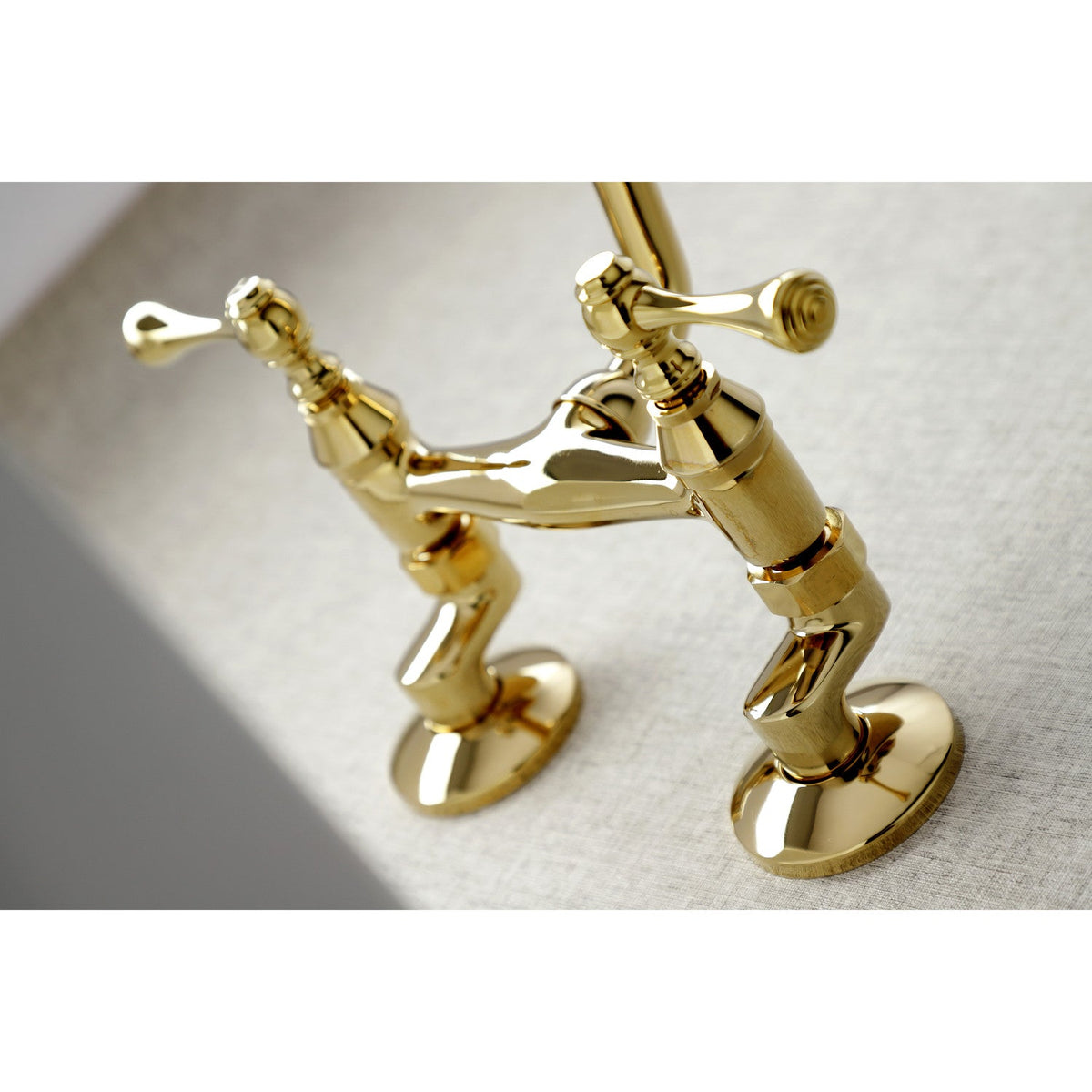 Kingston Double-Handle Wall-Mount Bridge Kitchen Faucet in Polished Brass